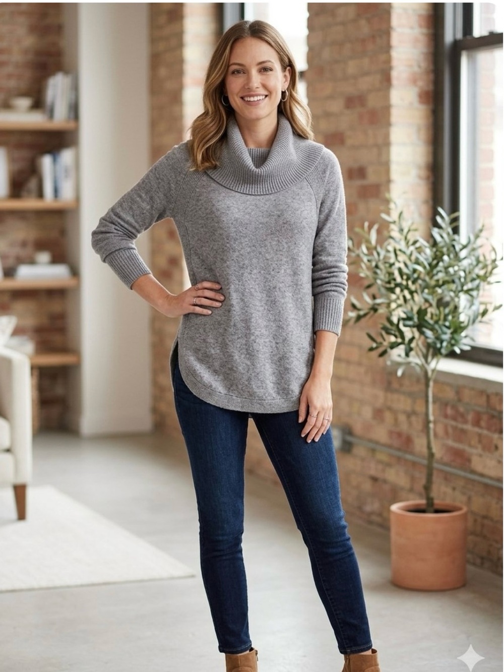 by Anthropologie Sweater Gray Knit Cowl Neck Raglan Long Sleeve Pullover L